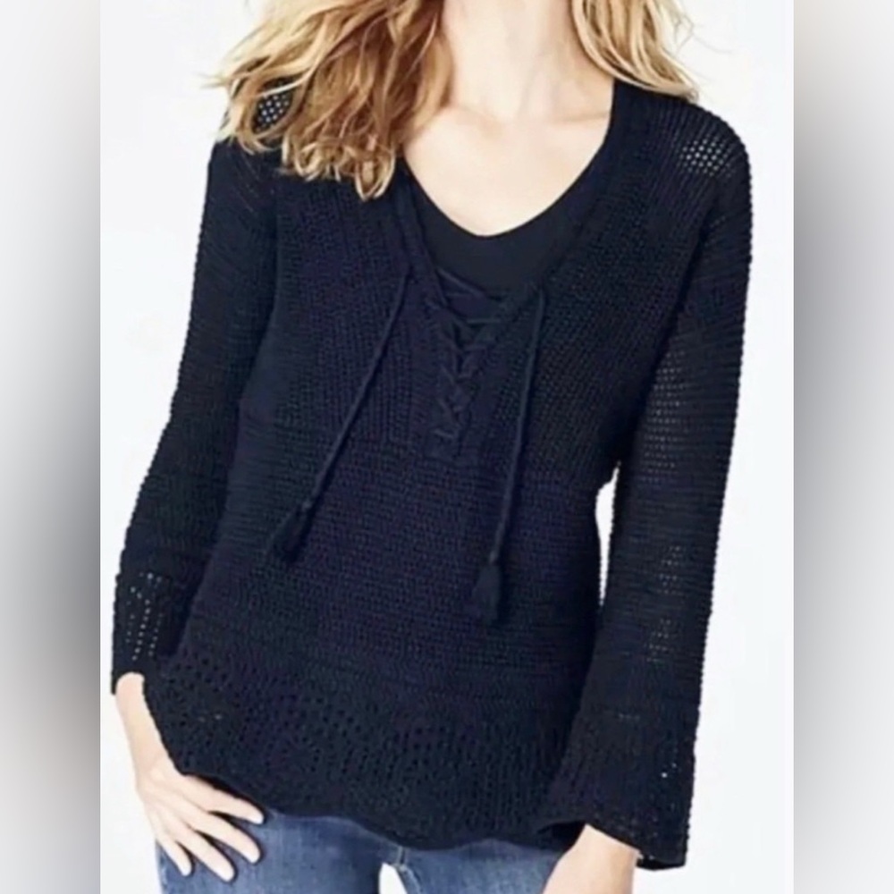 J.Jill NWT Beachy Open Knit Crochet Cotton Pullover Sweater Navy Blue Sz Small